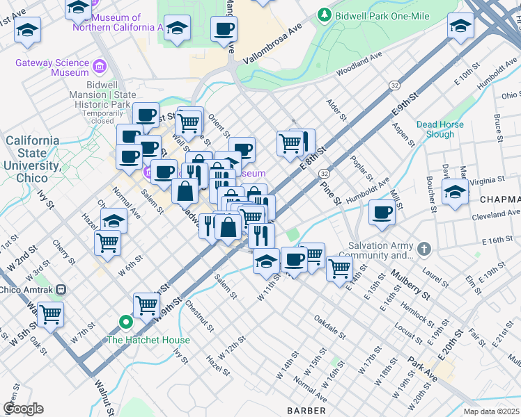 map of restaurants, bars, coffee shops, grocery stores, and more near 295 East 8th Street in Chico