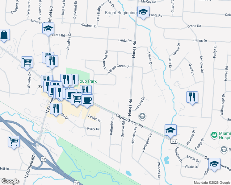 map of restaurants, bars, coffee shops, grocery stores, and more near 3044 Dayton Xenia Road in Beavercreek