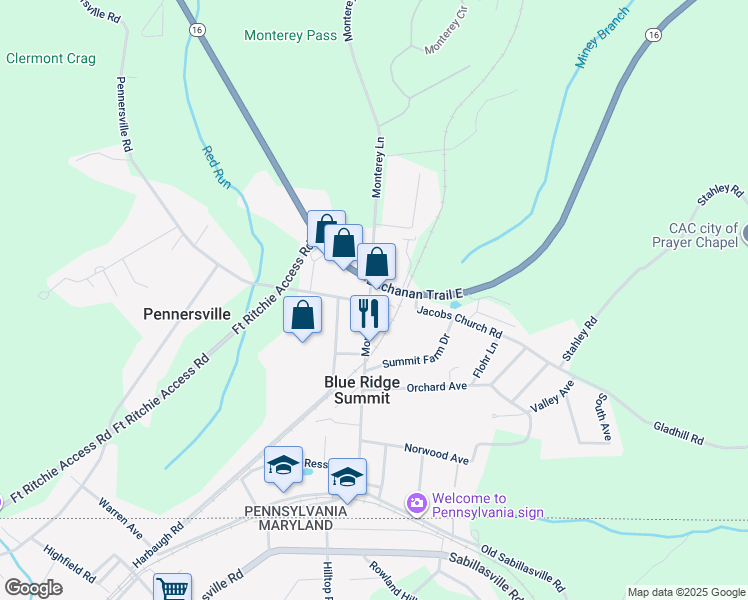 map of restaurants, bars, coffee shops, grocery stores, and more near 13194 Monterey Lane in Blue Ridge Summit