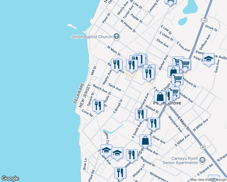 map of restaurants, bars, coffee shops, grocery stores, and more near 87 State Street in Penns Grove