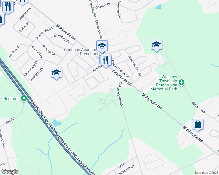 map of restaurants, bars, coffee shops, grocery stores, and more near 135 Kenwood Drive in Sicklerville