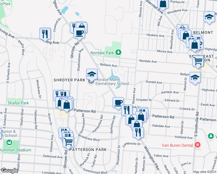 map of restaurants, bars, coffee shops, grocery stores, and more near 1017 Wilmington Avenue in Dayton