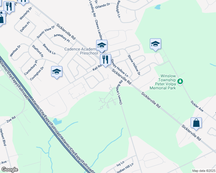 map of restaurants, bars, coffee shops, grocery stores, and more near 136 Kenwood Drive in Winslow Township