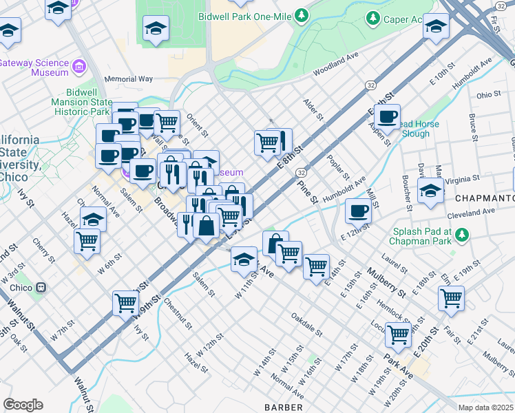 map of restaurants, bars, coffee shops, grocery stores, and more near 382 East 9th Street in Chico