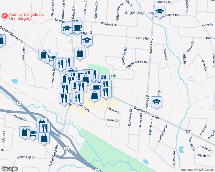 map of restaurants, bars, coffee shops, grocery stores, and more near 1300 Parkway Court in Beavercreek