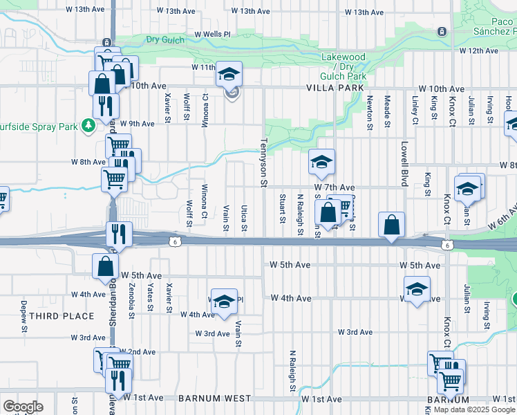 map of restaurants, bars, coffee shops, grocery stores, and more near 648 Tennyson Street in Denver