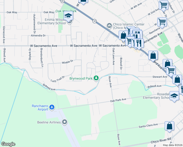 map of restaurants, bars, coffee shops, grocery stores, and more near 65 Sunbury Road in Chico