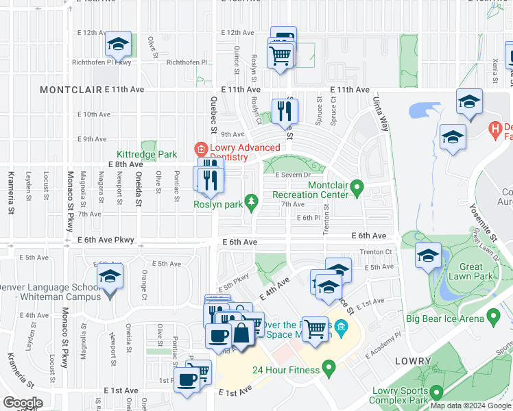 map of restaurants, bars, coffee shops, grocery stores, and more near 691 Roslyn Street in Denver