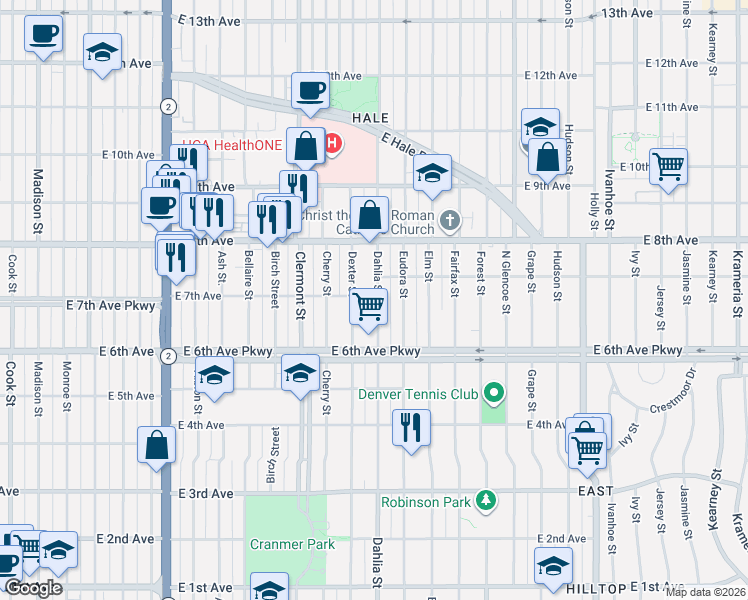map of restaurants, bars, coffee shops, grocery stores, and more near 4707 East 7th Avenue in Denver