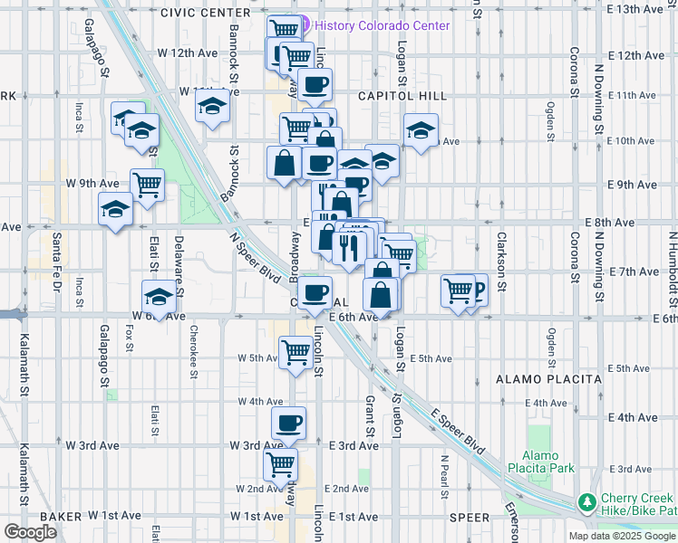 map of restaurants, bars, coffee shops, grocery stores, and more near 701 Sherman Street in Denver