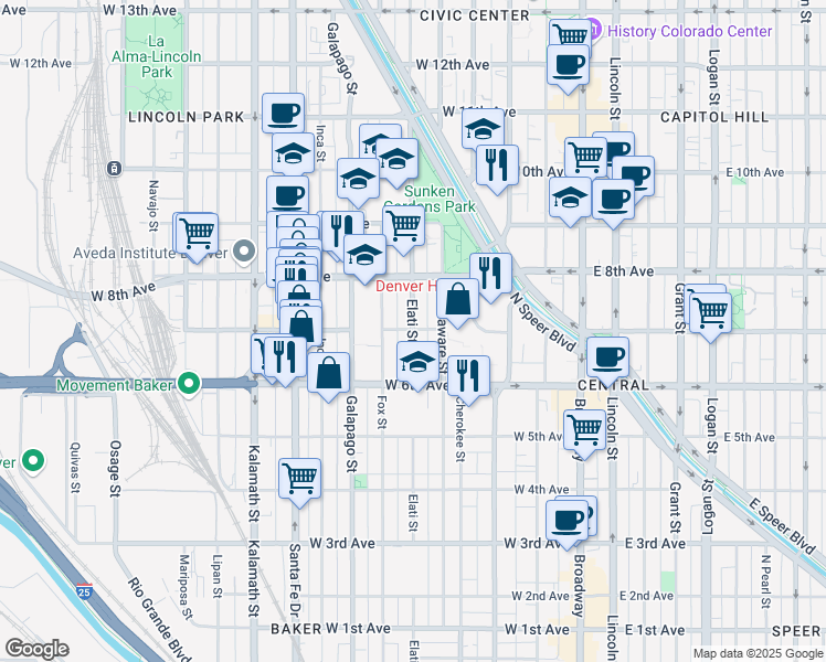 map of restaurants, bars, coffee shops, grocery stores, and more near 708 Elati Street in Denver