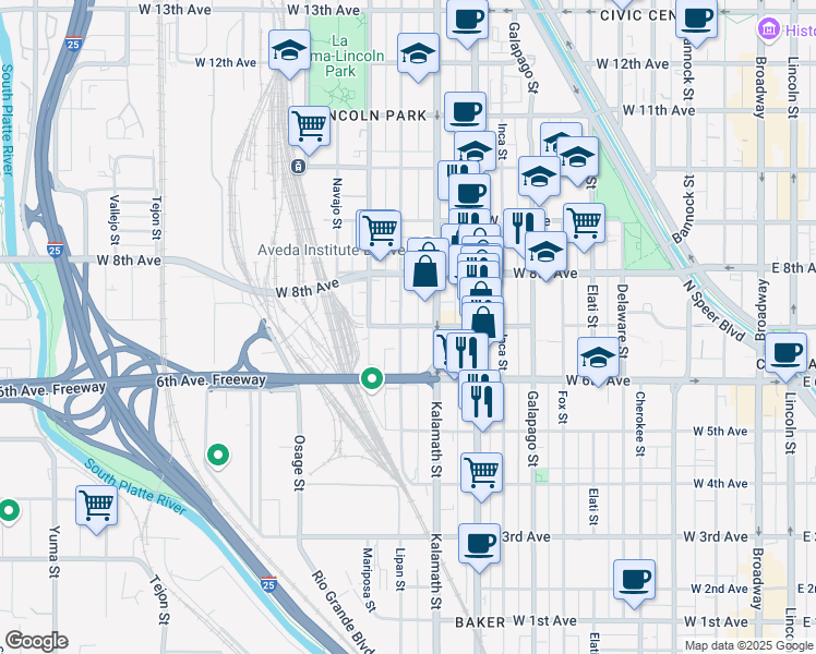map of restaurants, bars, coffee shops, grocery stores, and more near 700 Lipan Street in Denver