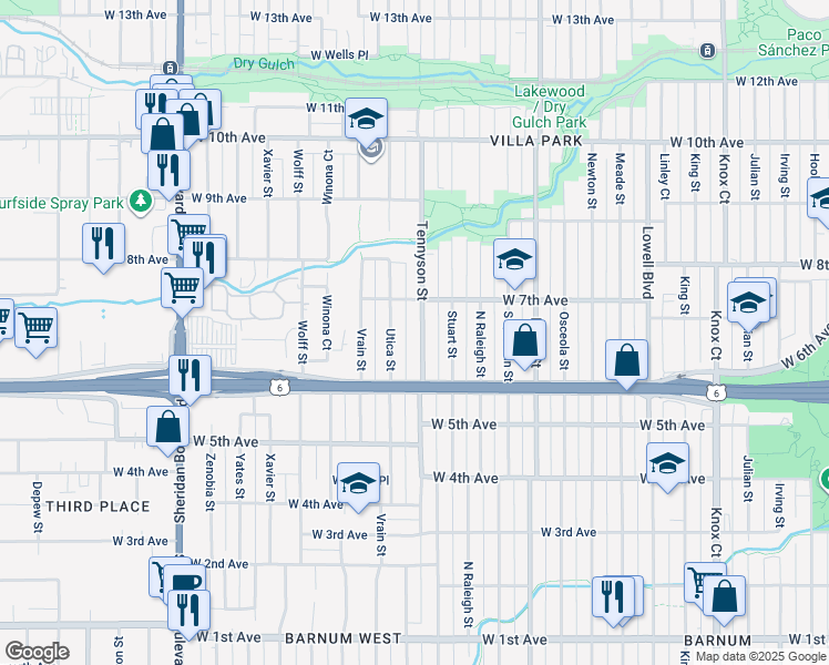 map of restaurants, bars, coffee shops, grocery stores, and more near 648 Tennyson Street in Denver