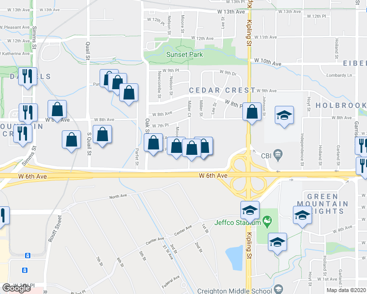 map of restaurants, bars, coffee shops, grocery stores, and more near 674 Moore Street in Lakewood