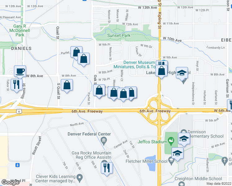 map of restaurants, bars, coffee shops, grocery stores, and more near 674 Moore Street in Lakewood