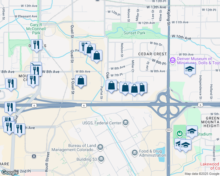 map of restaurants, bars, coffee shops, grocery stores, and more near 10747 West 6th Place in Lakewood