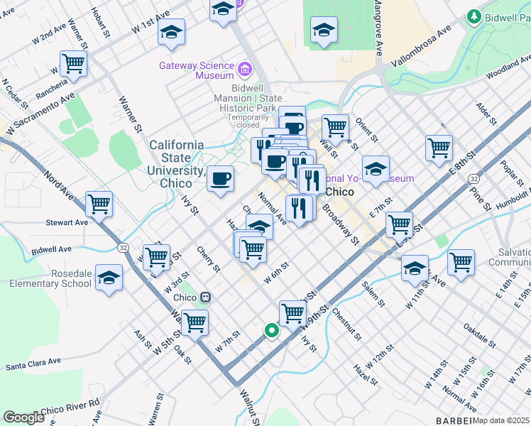 map of restaurants, bars, coffee shops, grocery stores, and more near in Chico