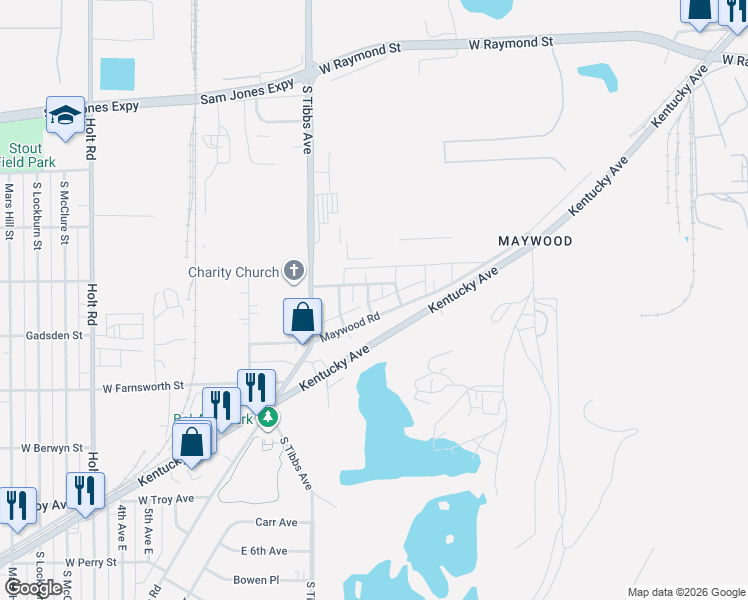 map of restaurants, bars, coffee shops, grocery stores, and more near 2602 South Centennial Street in Indianapolis