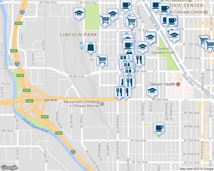 map of restaurants, bars, coffee shops, grocery stores, and more near 1114 West 7th Avenue in Denver