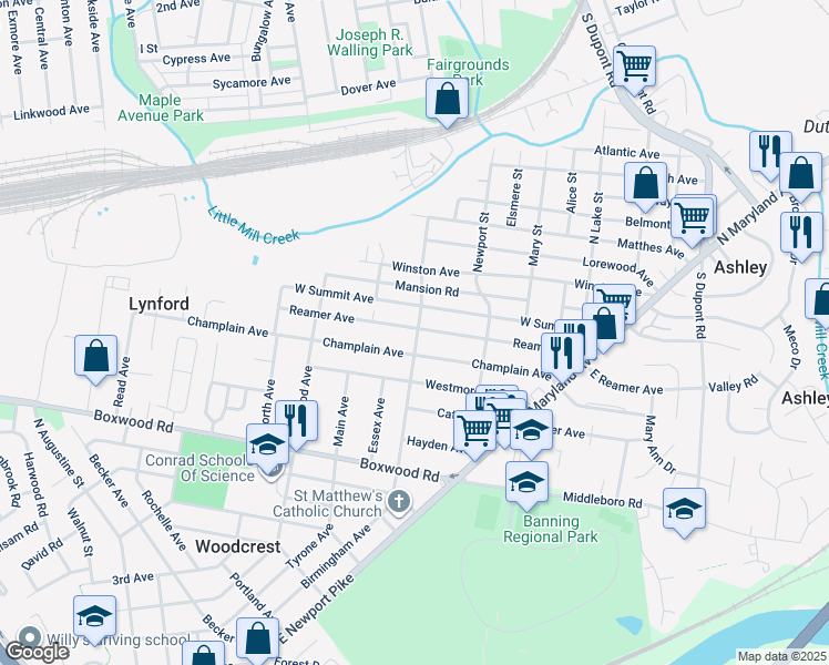 map of restaurants, bars, coffee shops, grocery stores, and more near 200 Reamer Avenue in Wilmington