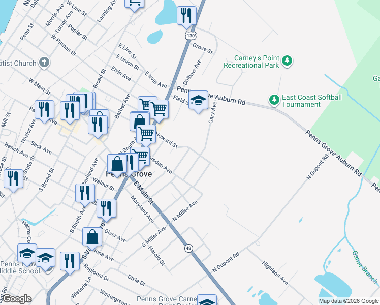 map of restaurants, bars, coffee shops, grocery stores, and more near 65 Christmas Avenue in Penns Grove