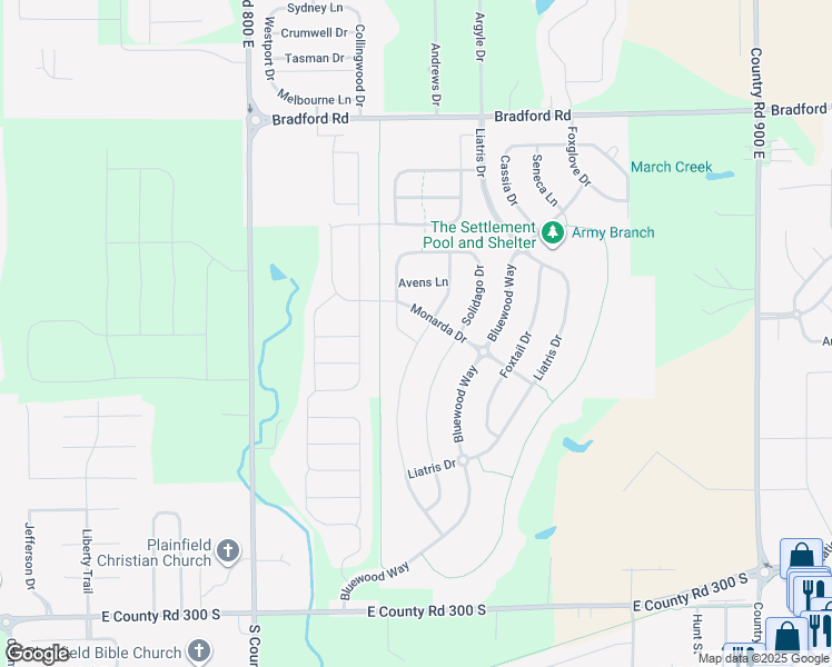 map of restaurants, bars, coffee shops, grocery stores, and more near 2450 Twinleaf Drive in Plainfield
