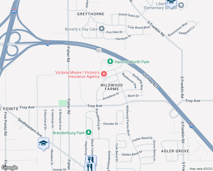 map of restaurants, bars, coffee shops, grocery stores, and more near 2880 Ludwig Drive in Indianapolis