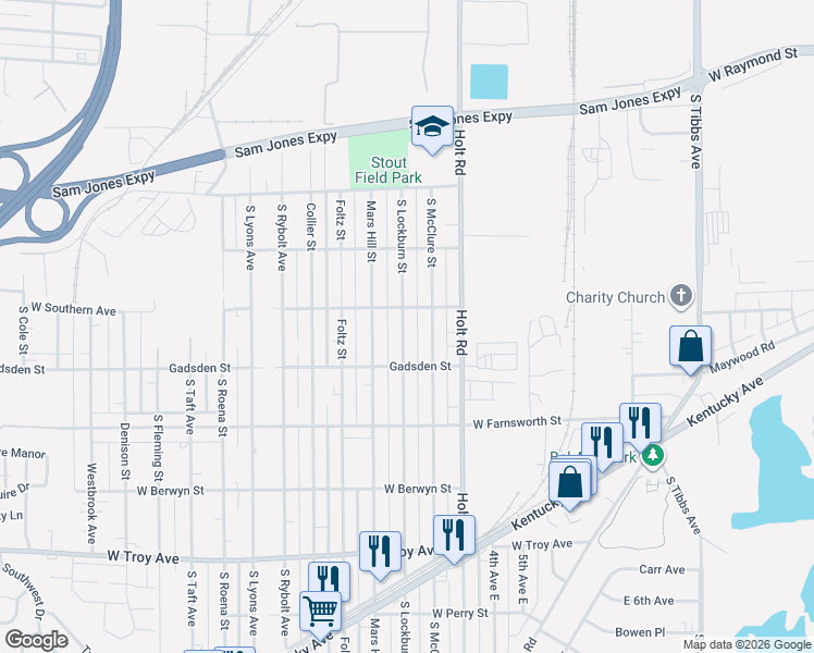 map of restaurants, bars, coffee shops, grocery stores, and more near 2619 South Lockburn Street in Indianapolis