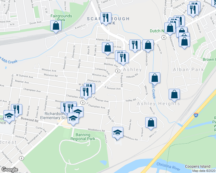map of restaurants, bars, coffee shops, grocery stores, and more near 9 East Summit Avenue in Wilmington