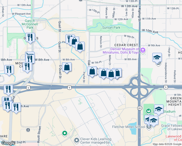 map of restaurants, bars, coffee shops, grocery stores, and more near 10747 West 6th Place in Lakewood