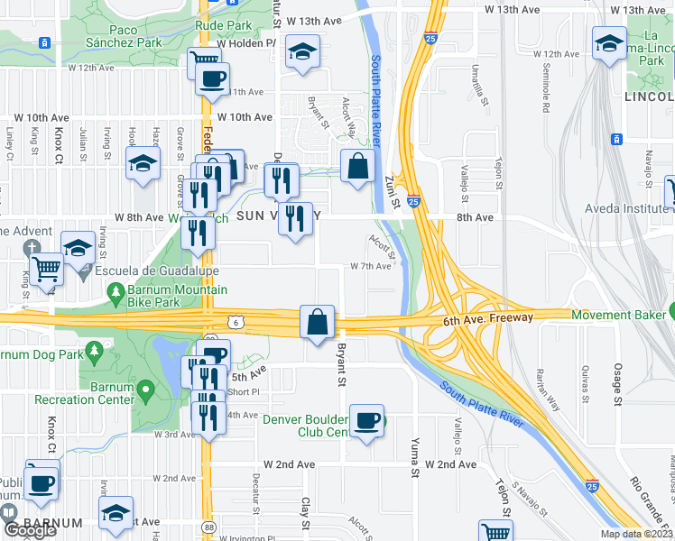 map of restaurants, bars, coffee shops, grocery stores, and more near 699 Bryant Street in Denver