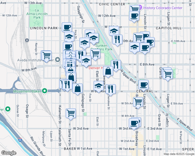 map of restaurants, bars, coffee shops, grocery stores, and more near Elati Street in Denver