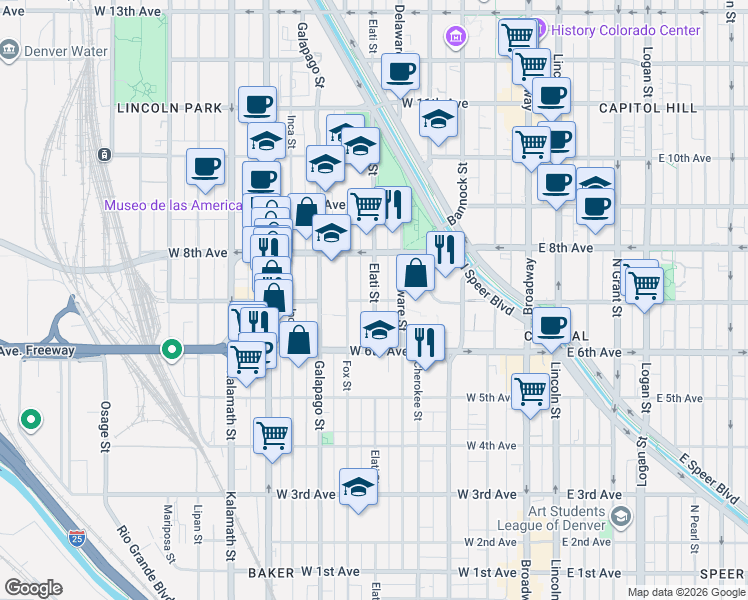 map of restaurants, bars, coffee shops, grocery stores, and more near Elati Street in Denver