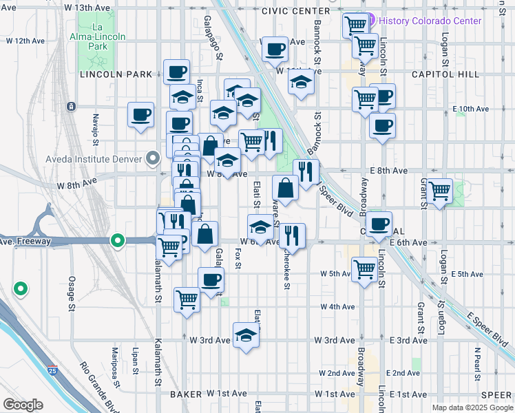 map of restaurants, bars, coffee shops, grocery stores, and more near Elati Street in Denver