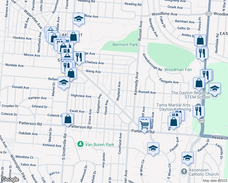 map of restaurants, bars, coffee shops, grocery stores, and more near 1310 Russell Avenue in Dayton
