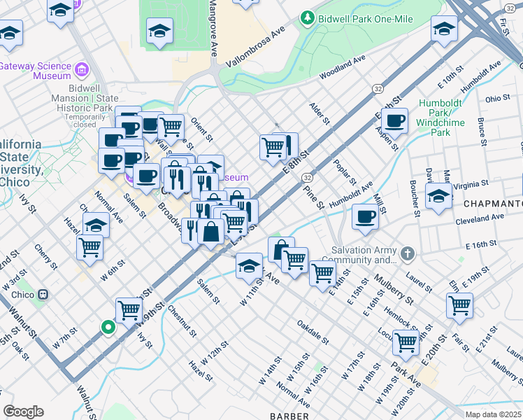 map of restaurants, bars, coffee shops, grocery stores, and more near 384 East 9th Street in Chico