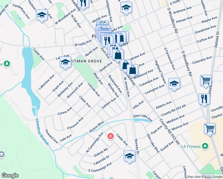map of restaurants, bars, coffee shops, grocery stores, and more near 416 Wesley Avenue in Pitman