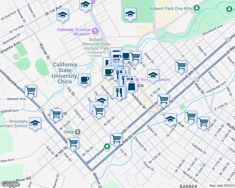 map of restaurants, bars, coffee shops, grocery stores, and more near 412 Salem Street in Chico