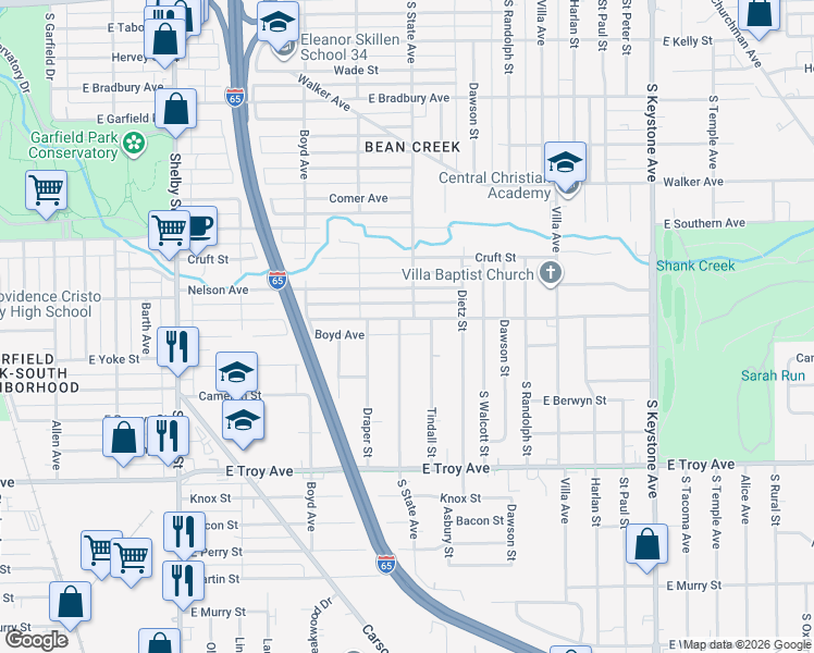 map of restaurants, bars, coffee shops, grocery stores, and more near 1707 East Gimber Street in Indianapolis