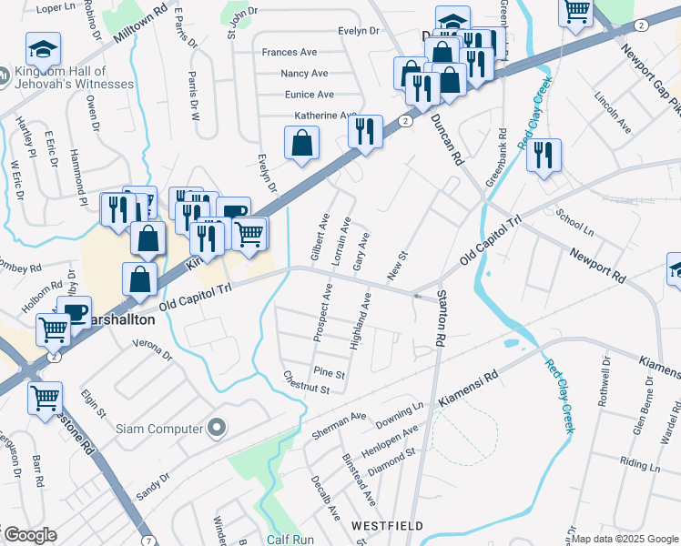 map of restaurants, bars, coffee shops, grocery stores, and more near 3927 Old Capitol Trail in Wilmington