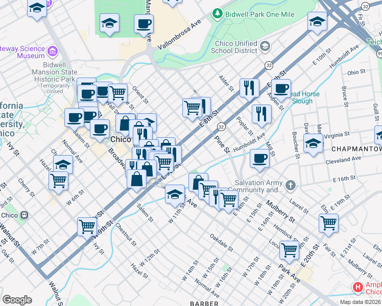 map of restaurants, bars, coffee shops, grocery stores, and more near E 9th St & Orient St in Chico