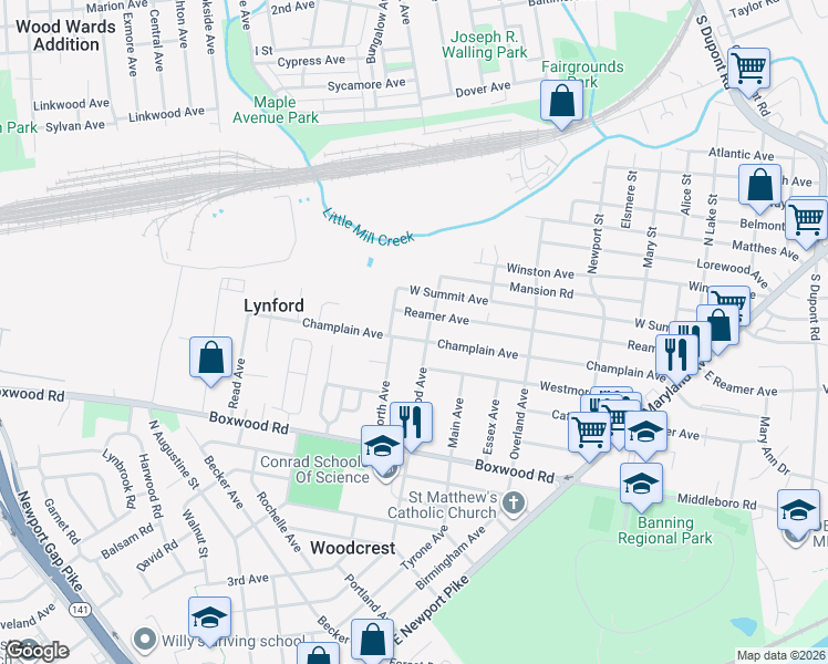 map of restaurants, bars, coffee shops, grocery stores, and more near 305 Champlain Avenue in Wilmington