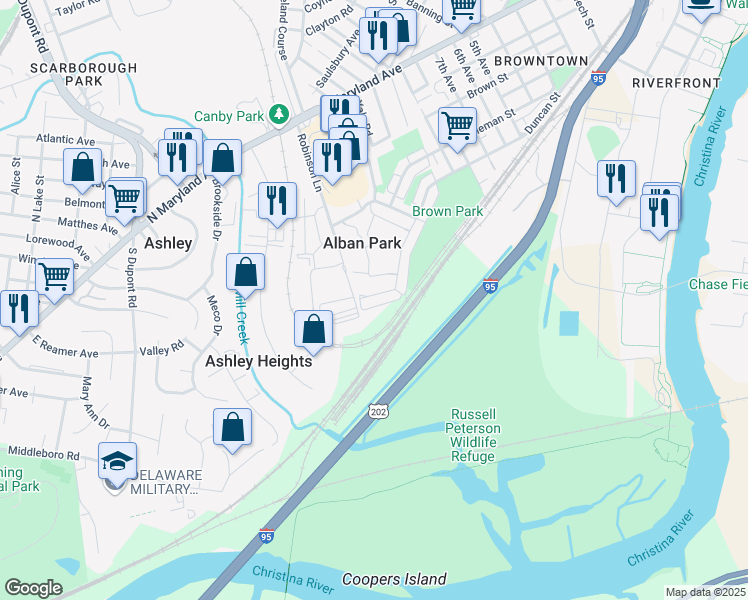map of restaurants, bars, coffee shops, grocery stores, and more near 625 Homestead Road in Wilmington