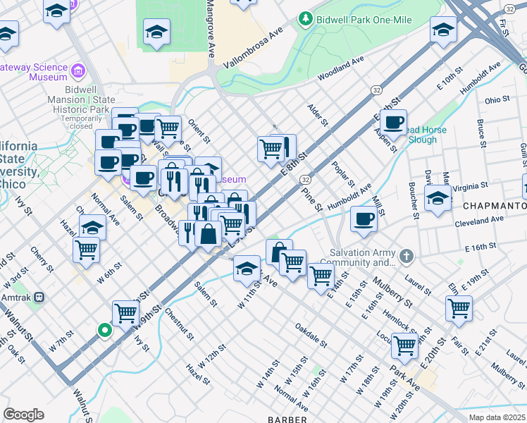 map of restaurants, bars, coffee shops, grocery stores, and more near 832 Orient Street in Chico