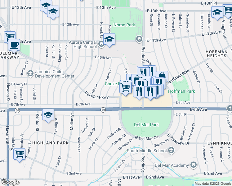 map of restaurants, bars, coffee shops, grocery stores, and more near 815 Oswego Street in Aurora