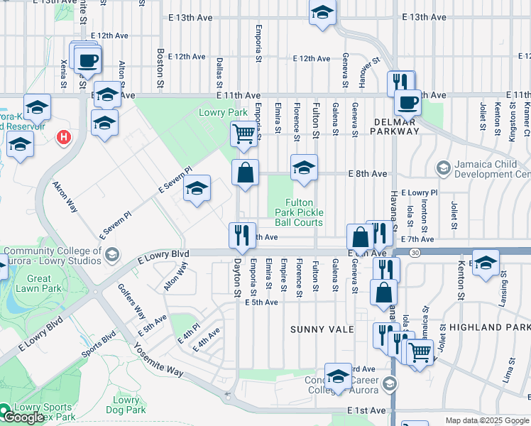map of restaurants, bars, coffee shops, grocery stores, and more near 728 Emporia Street in Aurora