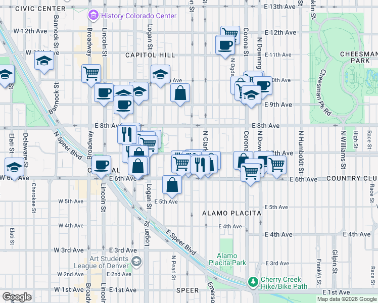 map of restaurants, bars, coffee shops, grocery stores, and more near 707 North Washington Street in Denver