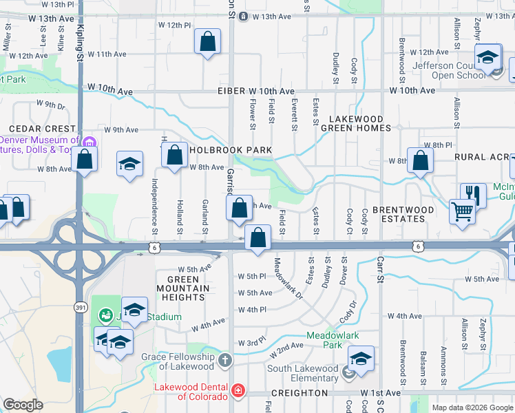map of restaurants, bars, coffee shops, grocery stores, and more near 9153 West 7th Avenue in Lakewood