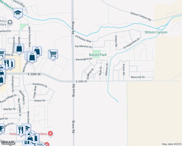 map of restaurants, bars, coffee shops, grocery stores, and more near 2368 McGie Street in Chico