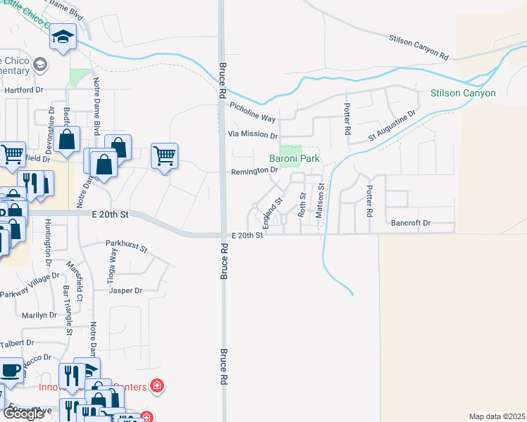 map of restaurants, bars, coffee shops, grocery stores, and more near 2368 McGie Street in Chico